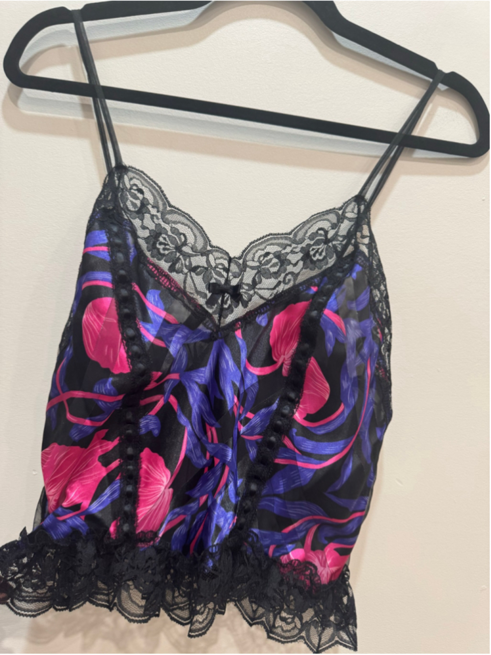 VTG KASARA Floral Lace Trim Satin Cami M Corset Whimsigoth Dark Coquette Fairy